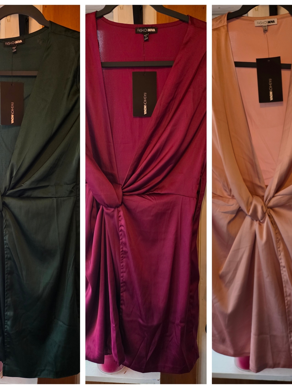 Fashion Nova Satin Twist-Knot Dress in Emerald, Burgundy & Blush - LOT OF 3